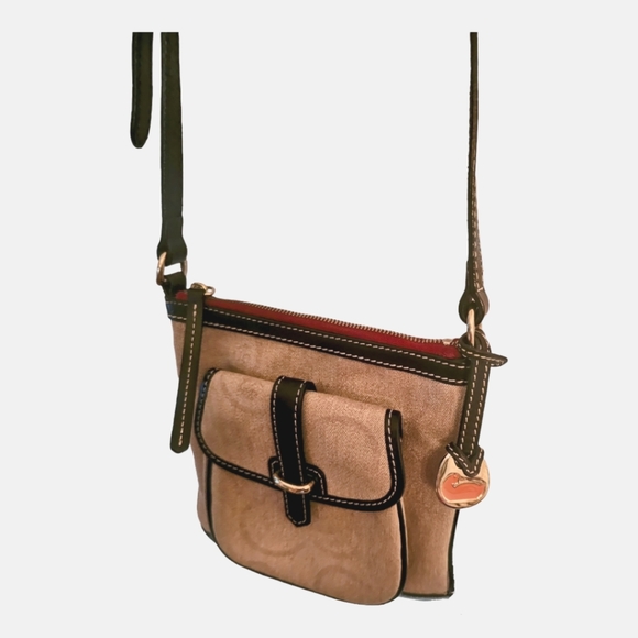 Dooney & Bourke Vintage Navy Tan Women EC | Dooney & Bourke Tan Equestrian Crossbody | Black Trim & Strap | 8\